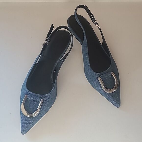 Charles & Keith Gabine Slingback Blue Denim Kitten Heel Silver Decor EU 36 - Picture 16 of 16